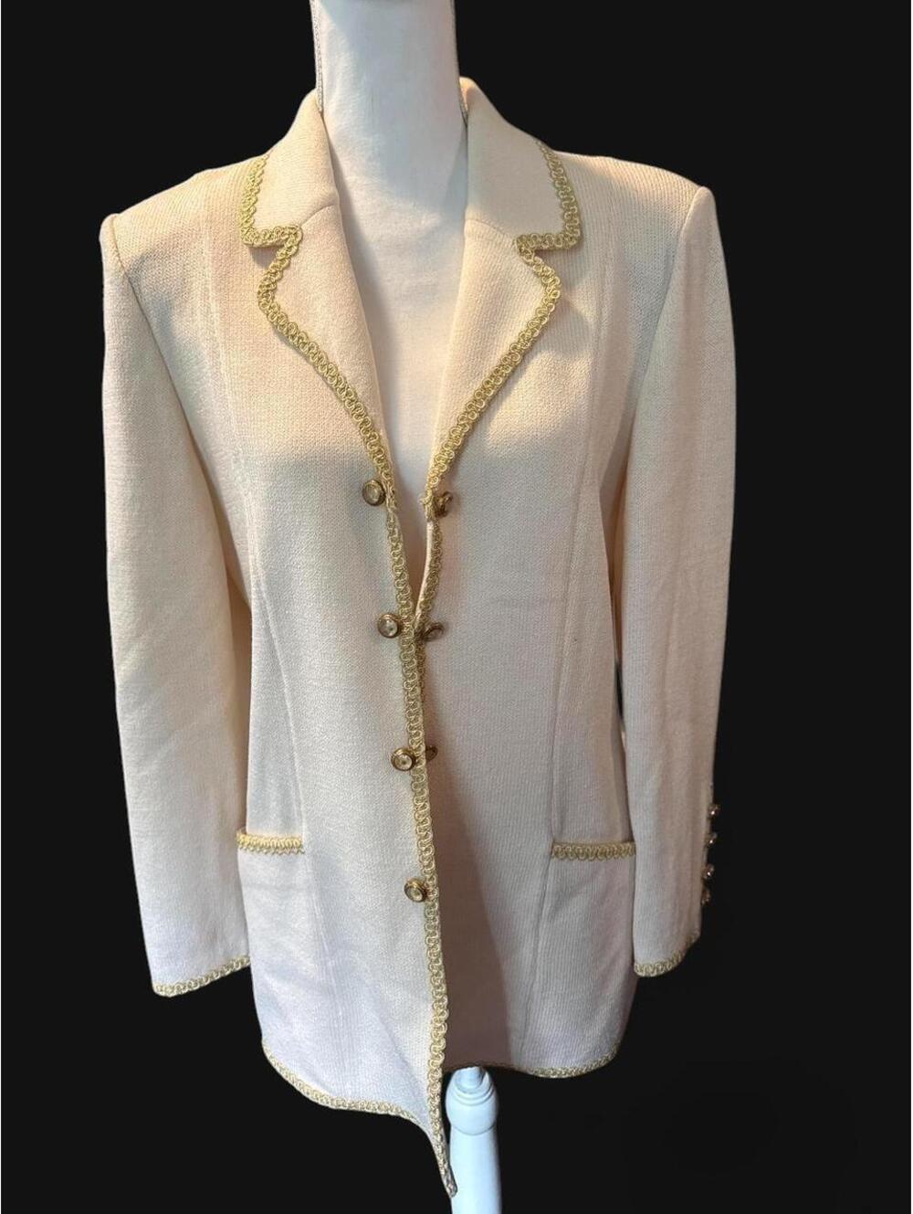 Vintage St John Collection Marie Gray Cream Gold Chain Knit Blazer 8
